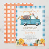Sweet Little Pumpkin Blue Gingham Herfst Baby show Kaart (Voorkant / Achterkant)