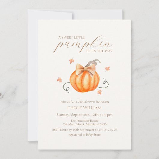 Sweet Little Pumpkin Bow Herfst Baby shower Kaart (Voorkant)
