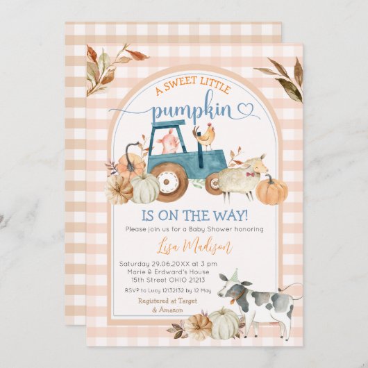 Sweet Little Pumpkin Herfst Gingham Arch Baby show Kaart (Voorkant / Achterkant)