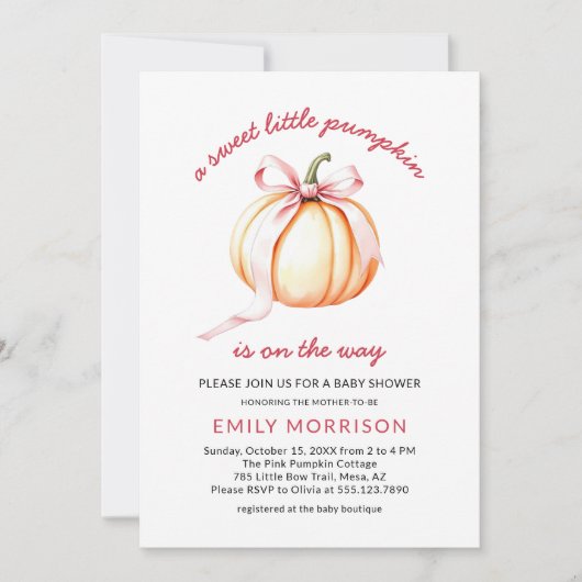 Sweet Little Pumpkin Pink Bow Coquette Baby shower Kaart (Voorkant)