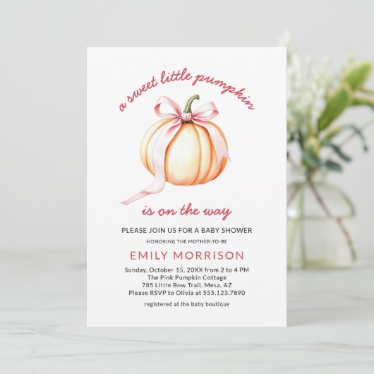 Sweet Little Pumpkin Pink Bow Coquette Baby shower Kaart (Staand voorkant)