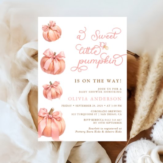 Sweet Little Pumpkin Pink Bow Girl Baby shower Kaart
