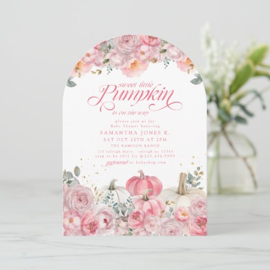 Sweet Little Pumpkin Pink Floral Fall Baby Shower Kaart (Staand voorkant)