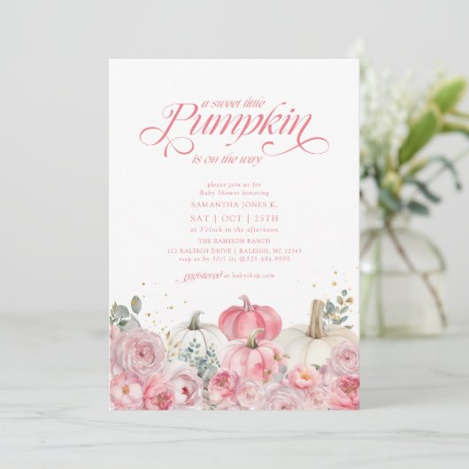 Sweet Little Pumpkin Pink Floral Fall Baby Shower Kaart (Staand voorkant)