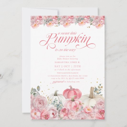Sweet Little Pumpkin Pink Floral Fall Baby Shower Kaart (Voorkant)