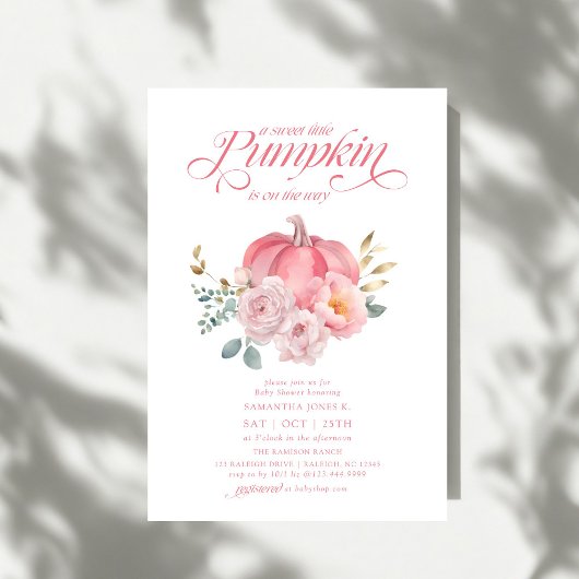 Sweet Little Pumpkin Pink Floral Fall Baby Shower Kaart