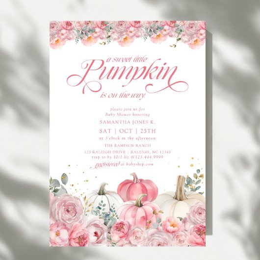 Sweet Little Pumpkin Pink Floral Fall Baby Shower Kaart