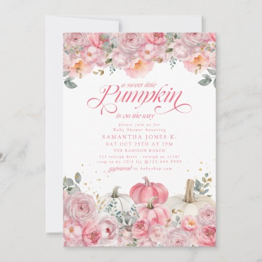 Sweet Little Pumpkin Pink Floral Fall Baby Shower Kaart (Voorkant)