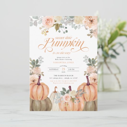 Sweet Little Pumpkin Pink Floral Fall Baby Shower  Kaart (Staand voorkant)