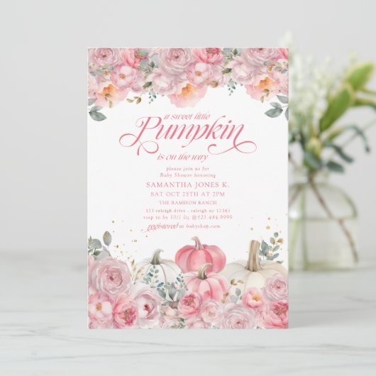 Sweet Little Pumpkin Pink Floral Fall Baby Shower Kaart (Staand voorkant)