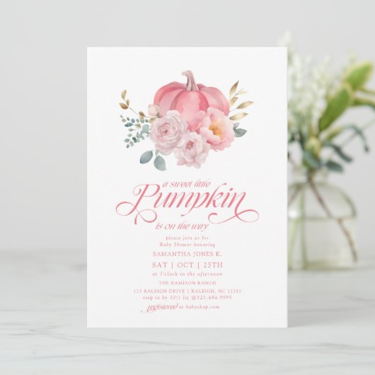 Sweet Little Pumpkin Pink Floral Fall Baby Shower Kaart (Staand voorkant)