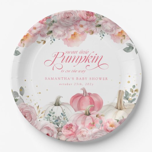 Sweet Little Pumpkin Pink Floral Fall Baby Shower Papieren Bordje (Voorkant)