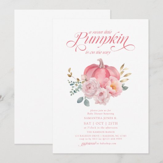 Sweet Little Pumpkin Pink Floral Herfst Baby showe Kaart (Voorkant / Achterkant)