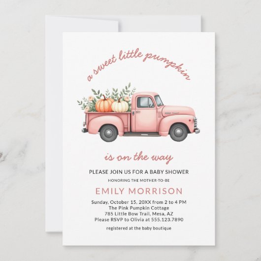 Sweet Little Pumpkin Pink Truck Girl Baby shower Kaart (Voorkant)
