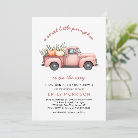 Sweet Little Pumpkin Pink Truck Girl Baby shower Kaart (Staand voorkant)