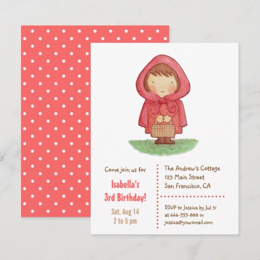 Sweet Little Red Riding Hood Girls Birthday Party Kaart (Voorkant / Achterkant)