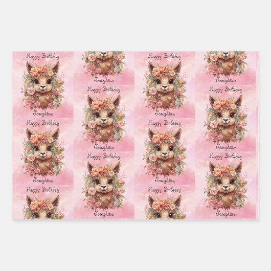 Sweet Llama Birthday Girl Naam toevoegen Alpaca 3  Inpakpapier Vel (Voorkant 2)