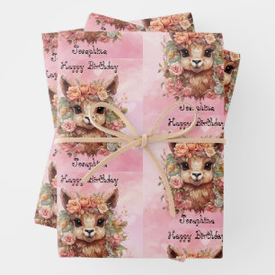 Sweet Llama Birthday Girl Naam toevoegen Alpaca 3  Inpakpapier Vel