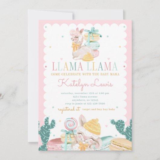 Sweet Llama Pastel Baby shower Invitation Cactus Kaart (Voorkant)