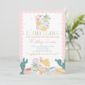Sweet Llama Pastel Baby shower Invitation Cactus Kaart (Staand voorkant)