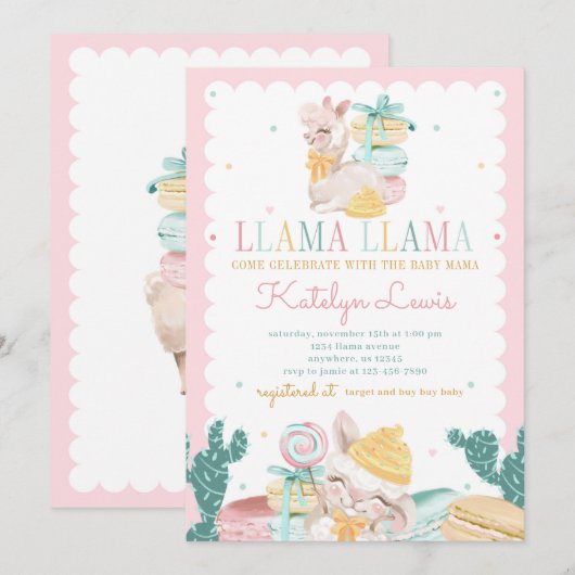 Sweet Llama Pastel Baby shower Invitation Cactus Kaart (Voorkant / Achterkant)