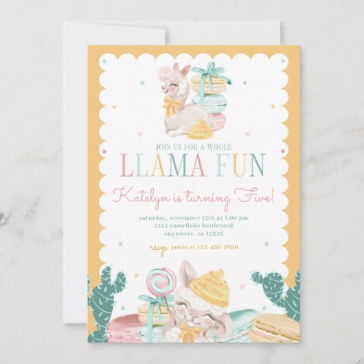 Sweet Llama Pastel Birthday Invitation with Cactus Kaart (Voorkant)