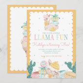 Sweet Llama Pastel Birthday Invitation with Cactus Kaart (Voorkant / Achterkant)