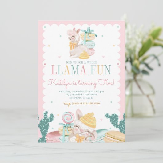 Sweet Llama Pastel Birthday Invitation with Cactus Kaart (Staand voorkant)