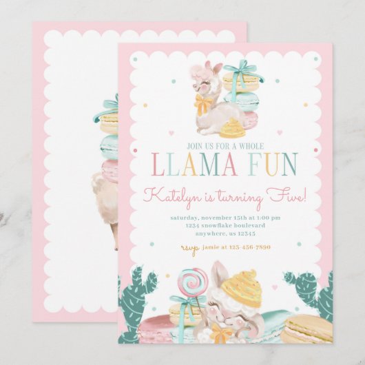 Sweet Llama Pastel Birthday Invitation with Cactus Kaart (Voorkant / Achterkant)