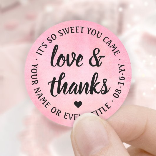 Sweet Love & Bedankt Roze Waterverf & Zwart Script Ronde Sticker