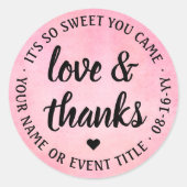 Sweet Love & Bedankt Roze Waterverf & Zwart Script Ronde Sticker (Voorkant)