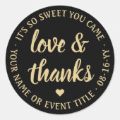 Sweet Love & Bedankt Zwart & Goud Eenvoudig Script Ronde Sticker (Voorkant)