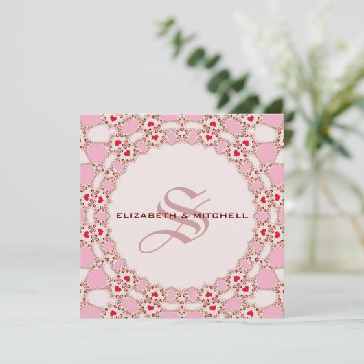 Sweet Love Hearts Lace Monogram Weddenschap Kaart (Staand voorkant)