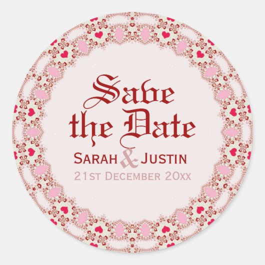 Sweet Love Hearts Lace Save the Date Round Sticker (Voorkant)