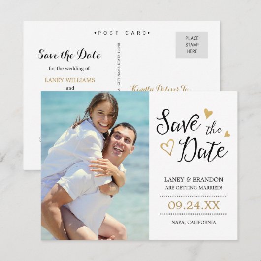 Sweet Love Photo Save the Date Briefkaart / Goud (Voorkant / Achterkant)