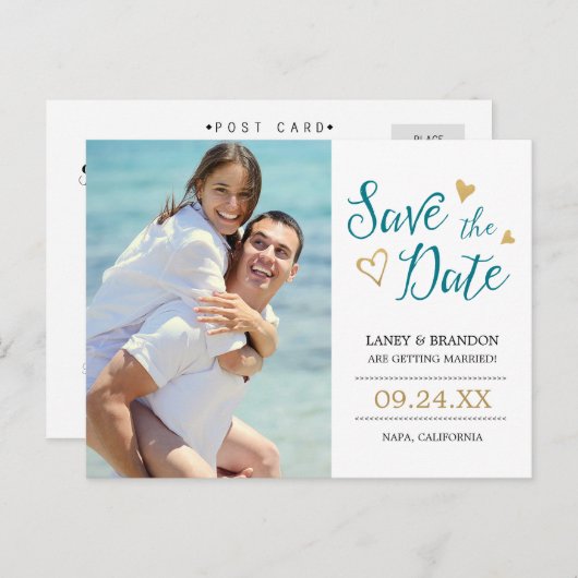 Sweet Love Save the Date Briefkaart / Blauwgroen e (Voorkant / Achterkant)