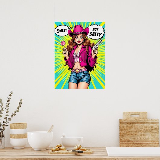 Sweet maar Salty Cowgirl - Retro Westerne Pop Kuns Poster (Keuken)