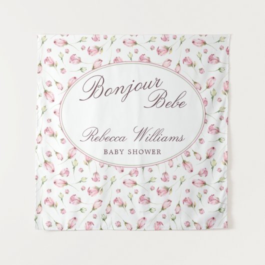 Sweet Macaron Bonjour Bebe rozen Baby shower Wandkleed (Voorkant)