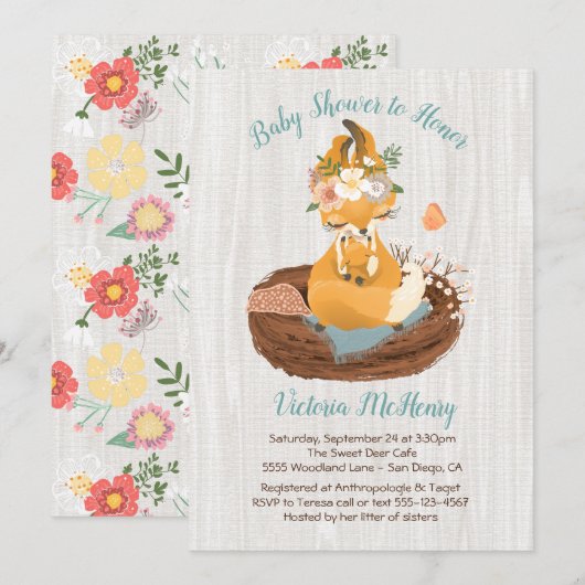 Sweet mamma fox & baby fox babyshower uitnodiginge kaart (Voorkant / Achterkant)
