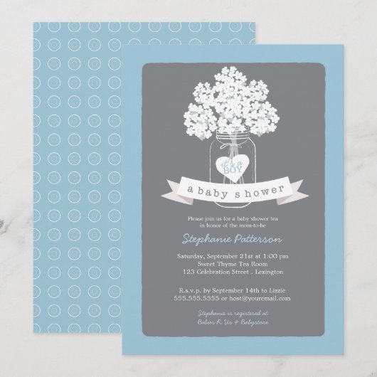 Sweet Mason Jar Blue | Grijze uitnodiging tot Baby (Voorkant / Achterkant)