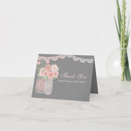 Sweet Mason Jar Roze Grijs Baby shower Dank u Bedankkaart (Voorkant)