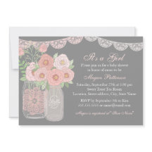 Sweet Mason Jar Roze & Grijs Baby shower Invitatio