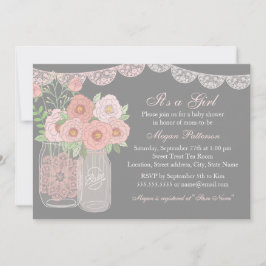 Sweet Mason Jar Roze & Grijs Baby shower Invitatio Kaart
