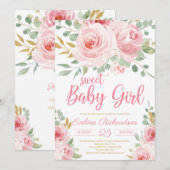 Sweet meisje met baby's kniproze en gouden baby sh kaart (Voorkant / Achterkant)