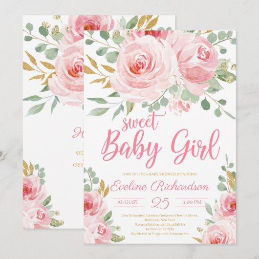 Sweet meisje met baby's kniproze en gouden baby sh kaart (Voorkant / Achterkant)