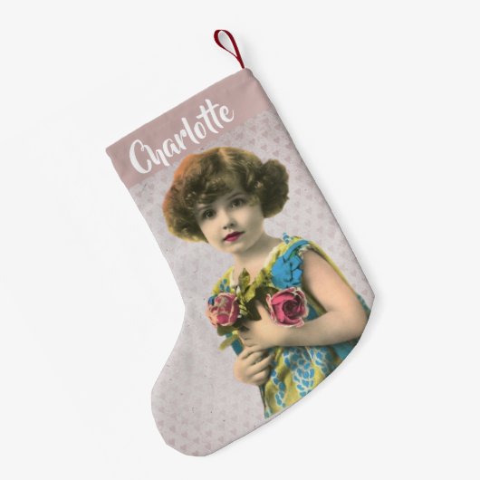 Sweet  meisje met bloemen, foto gekleurd kleine kerstsok (Achterkant (Hangend))