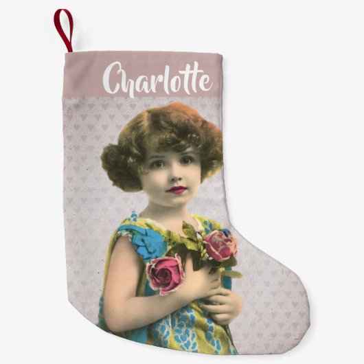 Sweet  meisje met bloemen, foto gekleurd kleine kerstsok (Voorkant)