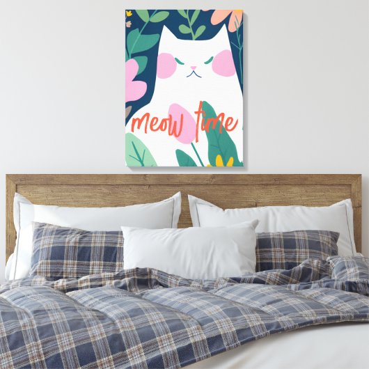 "Sweet Meow Time" Abstracte witte kat Canvas Afdruk (Insitu (Slaapkamer))