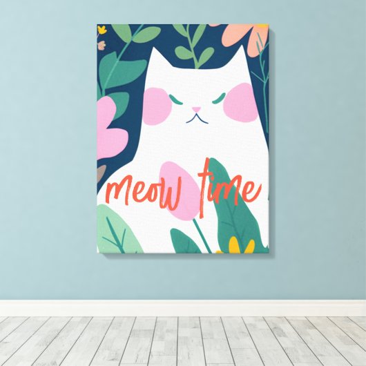 "Sweet Meow Time" Abstracte witte kat Canvas Afdruk (Insitu (Houten vloer))