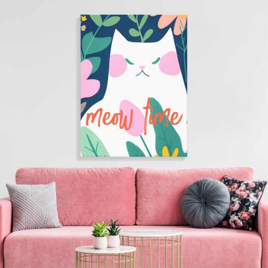 "Sweet Meow Time" Abstracte witte kat Canvas Afdruk (Insitu (Woonkamer))